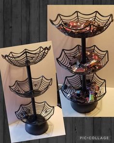 three tiered halloween candy stand with spider webs