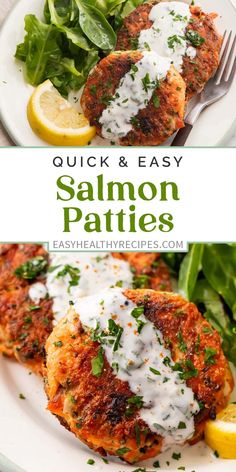 salmon patties on a white plate with lemon wedges