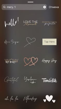 an iphone screen with different handwritten text and hearts on the phone's display