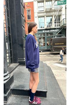 -Drop Shoulder -Oversized Fit -Cozy Fit Terry Interior -28" length measured from shoulder -70% Cotton, 30% Polyester -Imported Oversized Navy Sweatshirt For Fall, Navy Oversized Sweatshirt For Fall, Navy Sweatshirt For Streetwear, Blue Drop Shoulder Sweatshirt For Fall, Tweed Shift Dress, New York Sweatshirt, Equestrian Chic, Tweed Blazer, Tweed Dress