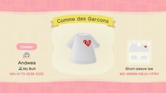 an animal crossing character is wearing a white t - shirt with a heart on it