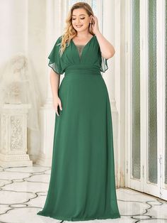 Empire Waist Maxi Chiffon Ruffle Sleeve Evening Dress for Women - Ever-Pretty US Chiffon V-neck Evening Dress For Prom, Elegant Chiffon V-neck Bridesmaid Dress, Elegant Flowy Evening Dress For Prom Season, Elegant Chiffon Maxi Dress With Flutter Sleeves, Chiffon Evening Dress With Short Sleeves, Flowy Evening Bridesmaid Dress For Prom Season, Flowy Bridesmaid Dress For Prom Season Evening, Flowy Bridesmaid Dress For Prom Season, Flowy Bridesmaid Dress For Evening Prom