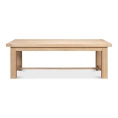 a wooden bench sitting on top of a white floor next to a table with two legs