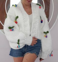 Knitted Cardigan, Handmade Women's Gift, Cherry Cardigan for Women, White Jacket, 3D Design Colorful Cherry Embroidered Soft Cardigan by HeyCKnittingBoutique on Etsy White Winter Sweater With Floral Embroidery, White Floral Embroidery Sweater For Winter, White Floral Embroidery Winter Sweater, White Knitted Outerwear For Fall, Casual Hand Knitted Spring Cardigan, White Embroidered Knit Cardigan, White Sweater With Floral Embroidery, White Casual Sweater With Floral Embroidery, Casual White Embroidered Cardigan