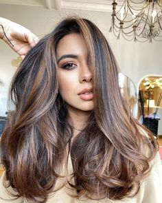 2023 Hair Color Trends For Indian Women, Carmel Hair Balayage Brunettes, Brown Hair With Contrast, Top Hair Color Trends 2023, Outfit For 72 Degree Weather, Brunette Hair Styles 2023, Spring Time Hair Color For Brunettes, Toffee Balayage On Black Hair, Chocolate Brown Caramel Highlights