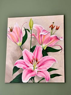 a painting of pink flowers with green leaves