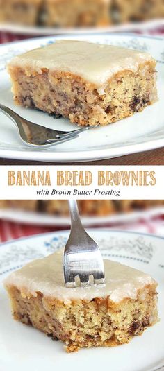 banana bread brownies with brown butter frosting are on white plates and one has a fork in it