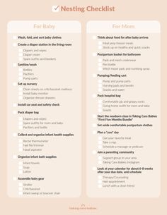 a baby checklist with the words nesting list for moms and their babies