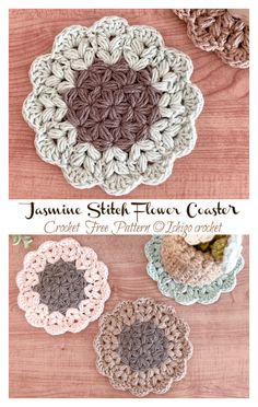 four crocheted flower coasters are shown on a wooden table with text that reads,'jasmine stitch flower coaster crochet free pattern