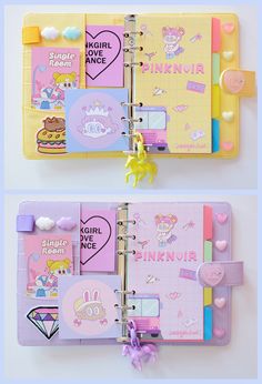 the inside pages of a pink and yellow planner