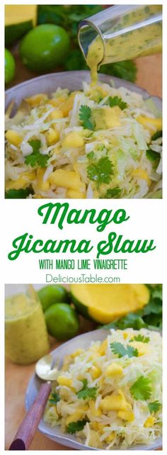 mango and lime slaw with mayonnaise being drizzled over it