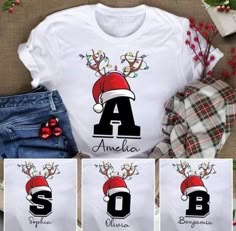 three t - shirts with santa hats and reindeer antlers on them, one has the letter