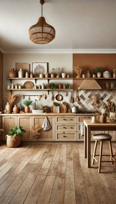 a kitchen with wooden floors and shelves filled with potted plants on top of them