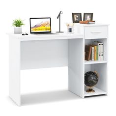 a white desk with a laptop on it and bookshelf below the desk top