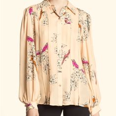 Beautiful Billowy Blouse, With Pleated Detail And The Prettiest Tranquil Bird Print. The Colors Are Cream, Peach And Pink. Pink Feminine Blouse For Daywear, Feminine Pink Blouse For Daywear, Pink Spring Blouse For Work, Spring Pink Blouse For Work, Pink Spring Blouse For Workwear, Pink Spring Workwear Top, Pink Spring Top For Work, Pink Spring Tops For Workwear, Pink Top For Spring Workwear