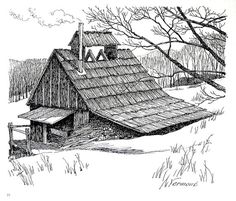 an ink drawing of a house in the woods with trees and snow on the ground