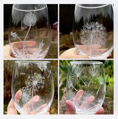 four pictures of wine glasses with dandelions etched on the bottom and inside one