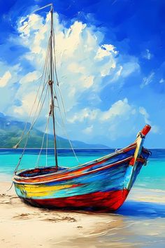 a painting of a boat on the beach