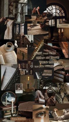 a collage of pictures with books, candles and other things in them that are all over the place