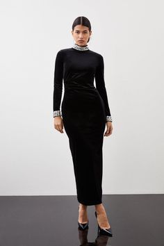 Sleek And Luxurious, This Elegant Dress Features Crystal Embellishments That Adorn A High Neck And Cuffed Long Sleeves. Crafted From Satiny Stretch Velvet That Sculpts The Silhouette To A Maxi Length, Pair With Minimal Heels For Elegant Formal Wear.Maxi Dressembellishedhigh Neckvelvet Winter Black Tie Wedding Guest Dress, Black Velvet Dress Outfit, Black Dress With Boots, Black Dresses With Boots, Black Velvet Dress Long, Velvet Dresses Outfit, Petite Work Outfits, Velvet Black Dress, Velvet Long Sleeve Dress