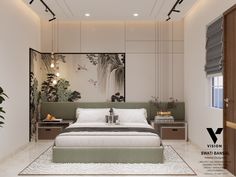 a bedroom with a large bed sitting next to a wall mounted planter and potted plants