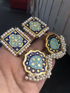 Kundan Jewelry With Motifs For Eid, Traditional Enamel Jewelry With Matching Earrings, Kundan Jhumkas With Motifs For Gifts, Kundan Jhumkas With Motifs As A Gift, Mirror Work Earrings For Festivals, Traditional Mirror Work Danglers As Gift, Eid Jewelry With Motifs As Gifts, Eid Jewelry With Motifs For Gift, Meenakari Chandbalis As A Gift For Eid