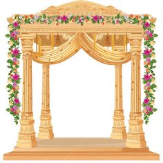 an ornate gold and pink arch with flowers on it