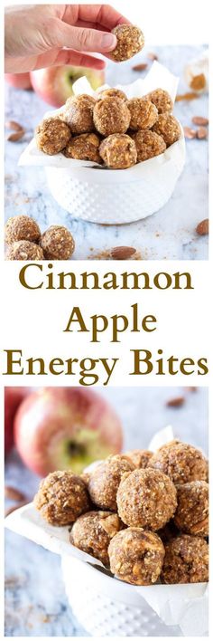 cinnamon apple energy bites on a white plate with apples in the background and text overlay that reads, cinnamon apple energy bites