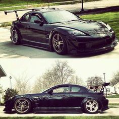 two pictures of a black sports car parked in front of a house