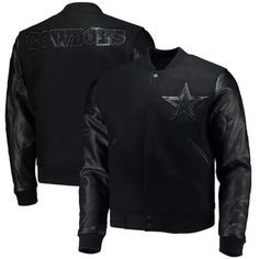 a black leather jacket with the word cowboys on it and a star in the center