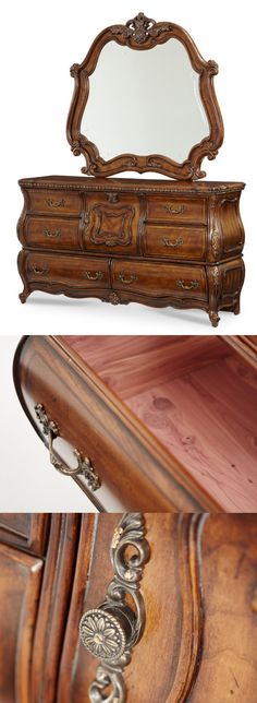 an antique wooden dresser with mirror on it's top and bottom view, showing the drawer