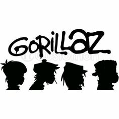 the word gorillaz written in black and white with silhouettes of men's heads