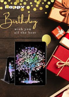 a birthday card with an image of a tree on it and presents around the table