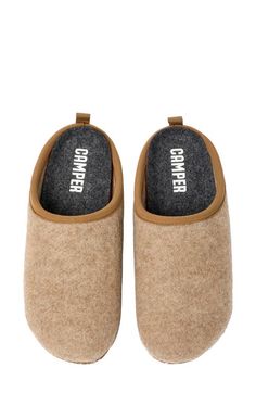 Find CAMPER Wabi Wool Blend Slipper on Editorialist. A cozy blend of wool and recycled polyester wraps this minimalist slipper set on a superlight, treaded sole for indoor-outdoor traction. Removable insole Wool- and recycled-polyester upper and lining/rubber and recycled-rubber sole Imported Camper Shoes Men, Brown Slippers, Camper Shoes, Wool Slippers, Knitted Slippers, Shoes Heels Wedges, Brown Shoe, Formal Shoes, Wash Bags