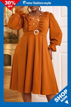 Brown Casual Beading V Neck Lantern Sleeve Ruffle Trim Formal Evening Party Wedding Guest A Line Pleated Midi Dresses Street Wedding, Formal Wedding Guest Dress, Vestidos Retro, Formal Wedding Guests, Long Sleeve Cotton Dress, Dresses African, Japanese Dress, Lantern Sleeve Dress, Dress Women Elegant