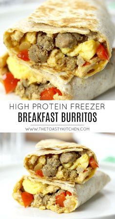 two breakfast burritos stacked on top of each other