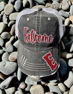 Extreme Softball, Custom Team Hat , Softball Mom Hat, Baseball Mom, Distressed Trucker Hat, Adjustable, One Size Black Denim and White Stitching Pre-curved, frayed visor with contrasting undervisor Hook-and-loop closure - Adjustable Red Glitter Silver Glitter Extreme or Custom Team Logo or Player Number on bill. Sporty Bucket Hat One Size, One Size Beanie For Sports Events, One Size Fits Most Beanie For Sports Events, One Size Fits Most Sports Beanie, Gray Hat One Size For Sports Events, Adjustable Sports Beanie Hat, Sporty Bucket Hat, Team Spirit Shirts, Mom Hat