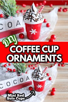 coffee cup ornament with red and white decorations