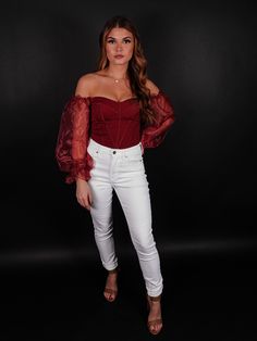 Put the best version of your fashion foot forward in our adorable Sweet Side Off Shoulder Bodysuit. Featuring a flirty elasticized off the shoulder neckline and long mesh sleeves with a flattering figure hugging silhouette that ends in cheeky fit bottoms with a snap button closure! THIS ITEM IS FINAL SALE Color: Red Fitted Made in USA Stretchy Sweetheart Neckline Elasticized Off Shoulder Long Mesh Sleeves Back Zipper + Hook Closure Elasticized Ruffle Sleeves Fit True to Size 95% Polyester, 5% Sp Def Leopard, Off Shoulder Bodysuit, Off The Shoulder Bodysuit, Hugging Silhouette, Cropped Cardigan Sweater, Red Fits, Mesh Sleeves, Sherpa Jacket, Ruffle Sleeves