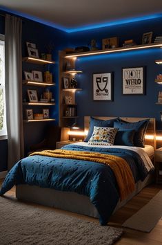 a bedroom with blue walls and lights on the headboard is lit by two lamps