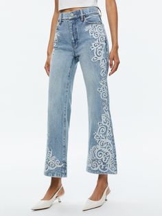 Beautiful Embroidered Cropped Bell Jean In Rockstar Blue Bell Jeans, Animal Print Jeans, Flare Denim Jeans, Embellished Jeans, Printed Jeans, Cut Off Jeans, Faded Denim, Denim Flares, Cut Work