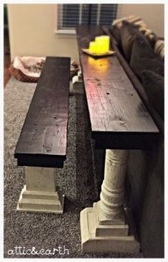 two wooden benches sitting on top of a carpeted floor