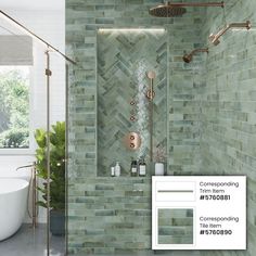 a bathroom with green tiles on the walls, and a white tub in the corner