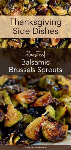 roasted balsamic brussels sprouts on a plate with the title thanksgiving side dishes