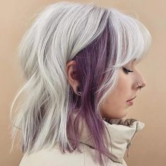 Gray And Vivid Hair, Hair Color Underneath With Bangs, Purple And Platinum Blonde Hair, Muted Fashion Colors Hair, Edgy Purple Hair, Fire And Ice Hair, Curtain Bangs Colored Hair, Colored Money Piece Hair Blonde, Split Dye Hair Ideas Blonde