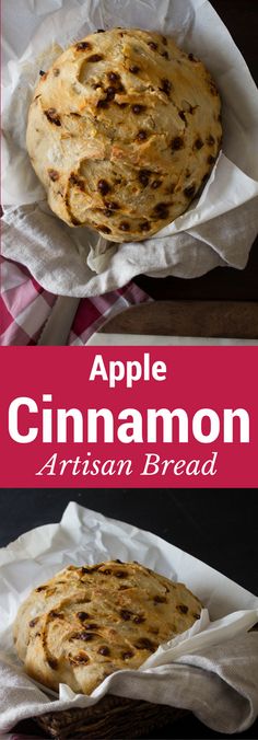 an apple cinnamon artisan bread is shown in two separate images, with the title above it