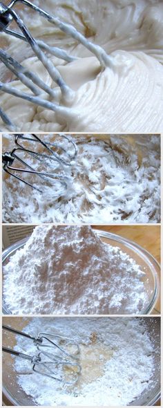 three pictures showing how to make whipped cream in a glass bowl with whisk attachments