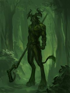 a green creature in the middle of a forest holding a large stick and wearing a horned head