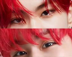 two pictures of the same person with red hair and blue eyes, one has long eyelashes