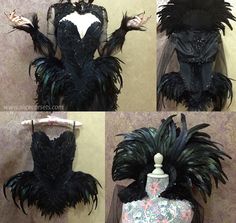 four different views of a dress with feathers on it